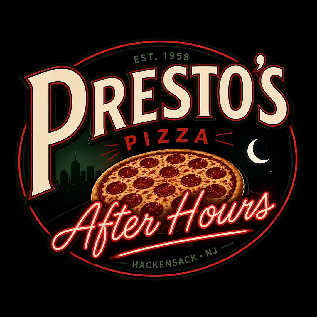 Presto's Pizza After Hours badge — est. 1958, Hackensack, NJ